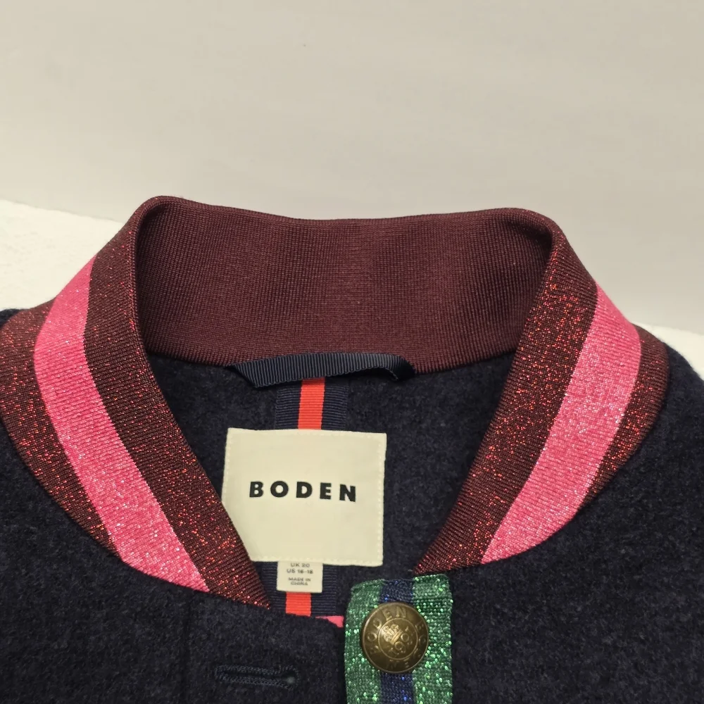 Boden Navy Boiled Wool Blend Bomber Jacket Sz 16 Preppy Academia Back To School - Picture 6 of 14